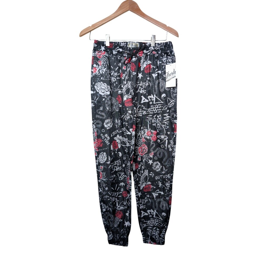 Fresh Prints of Bel-Air Graffiti Jogger Pants Black Red Roses Men’s Medium NWT